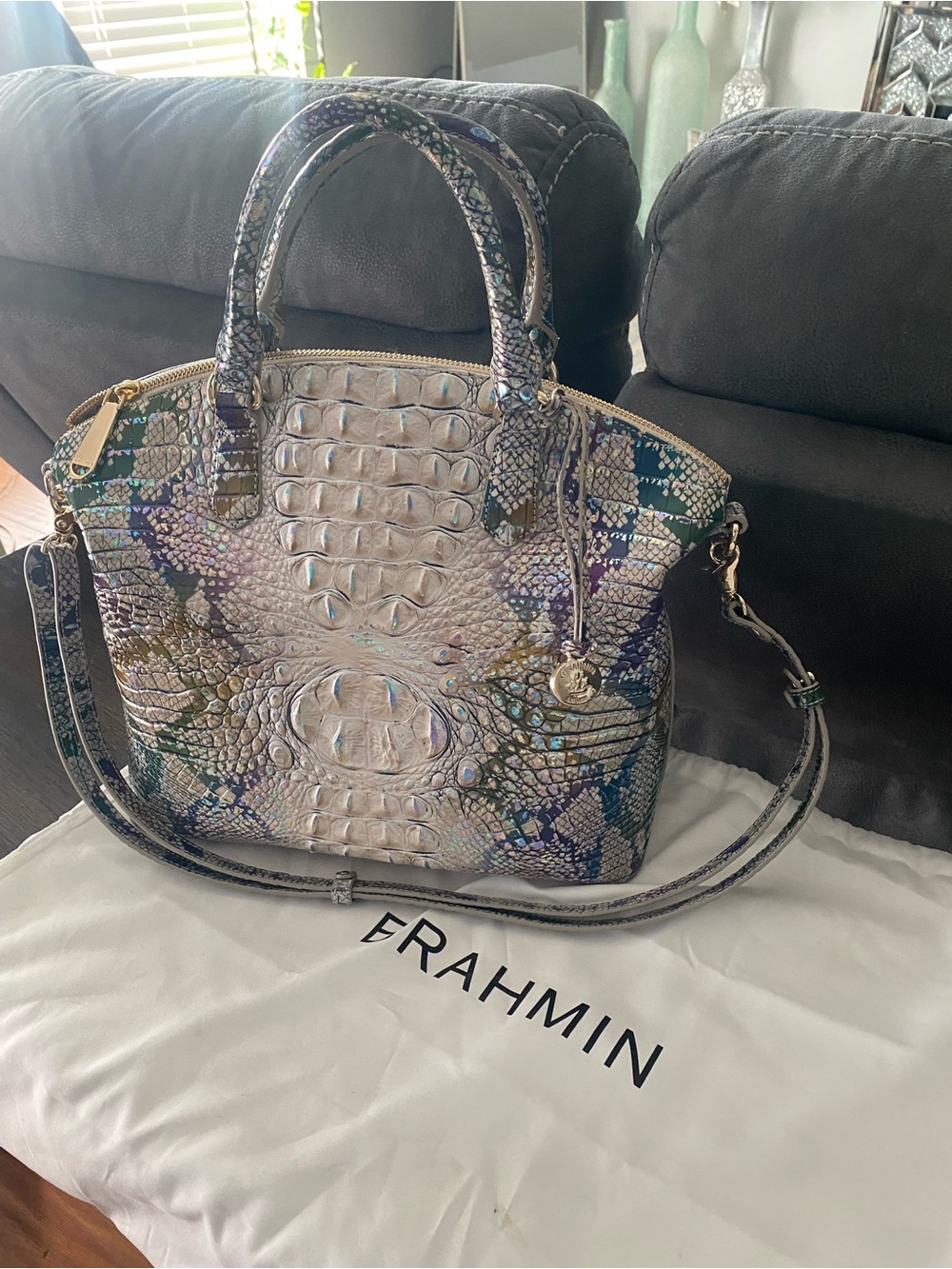 Brahmin Iridescent Croc-Embossed Satchel in Pearl, Teal & Purple - Picture 3 of 4